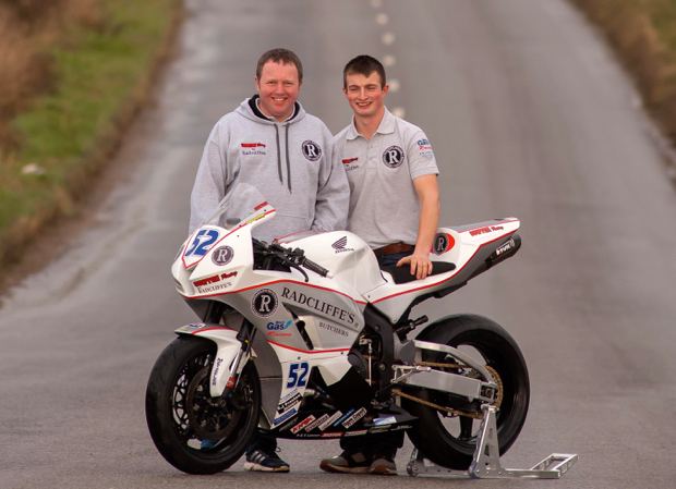 Chris Lennon of Radcliffe's Butchers and James Cowton pose with the Cwwton Racing by Radcliffe's CBR600